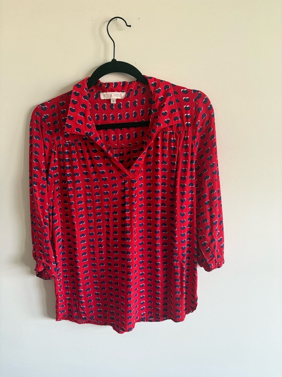 Rose & Thyme Tops - Printed Red Button-Front Blouse with Navy Motif